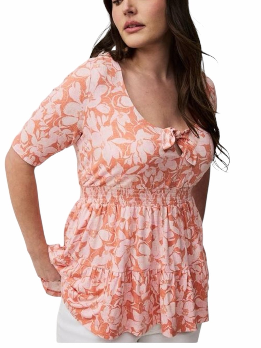 Torrid Super Soft Floral Babydoll Top Size 2 (2X) Peach Pink Tie Front Peplum